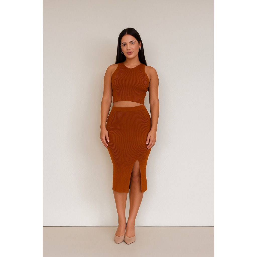 Conjunto Feminino Modal Tricot Canelado Saia Midi com Fenda e Top Cropped Elegante Moda Tricô