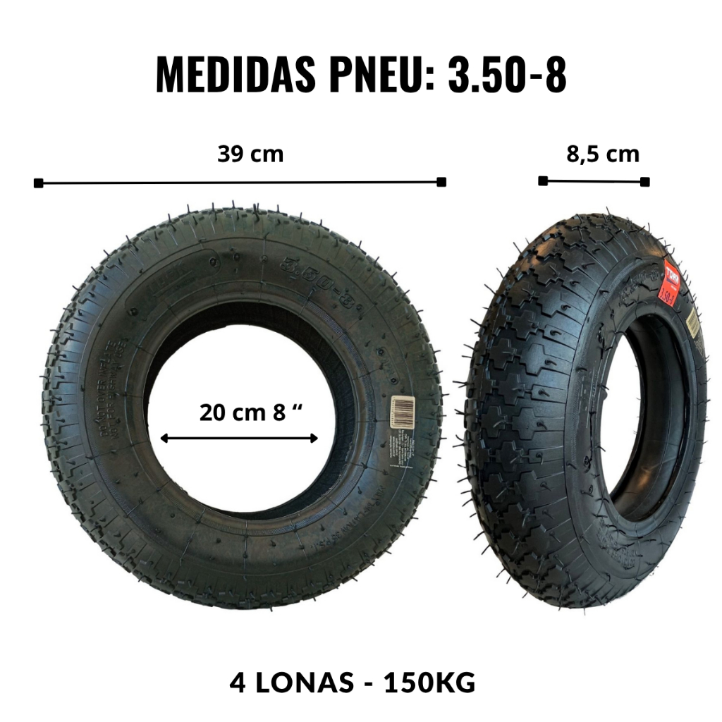 Pneu 3.50-8 Carrinho De Mão, Carriola, 4 Lonas Aro 8 - Toak.