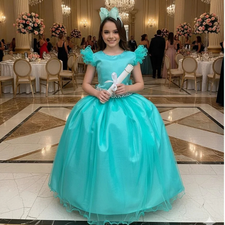 Vestido Infantil Marie Longo Amanda Verde/Azul Tiffany Água Festa Aniversario Casamento Formatura