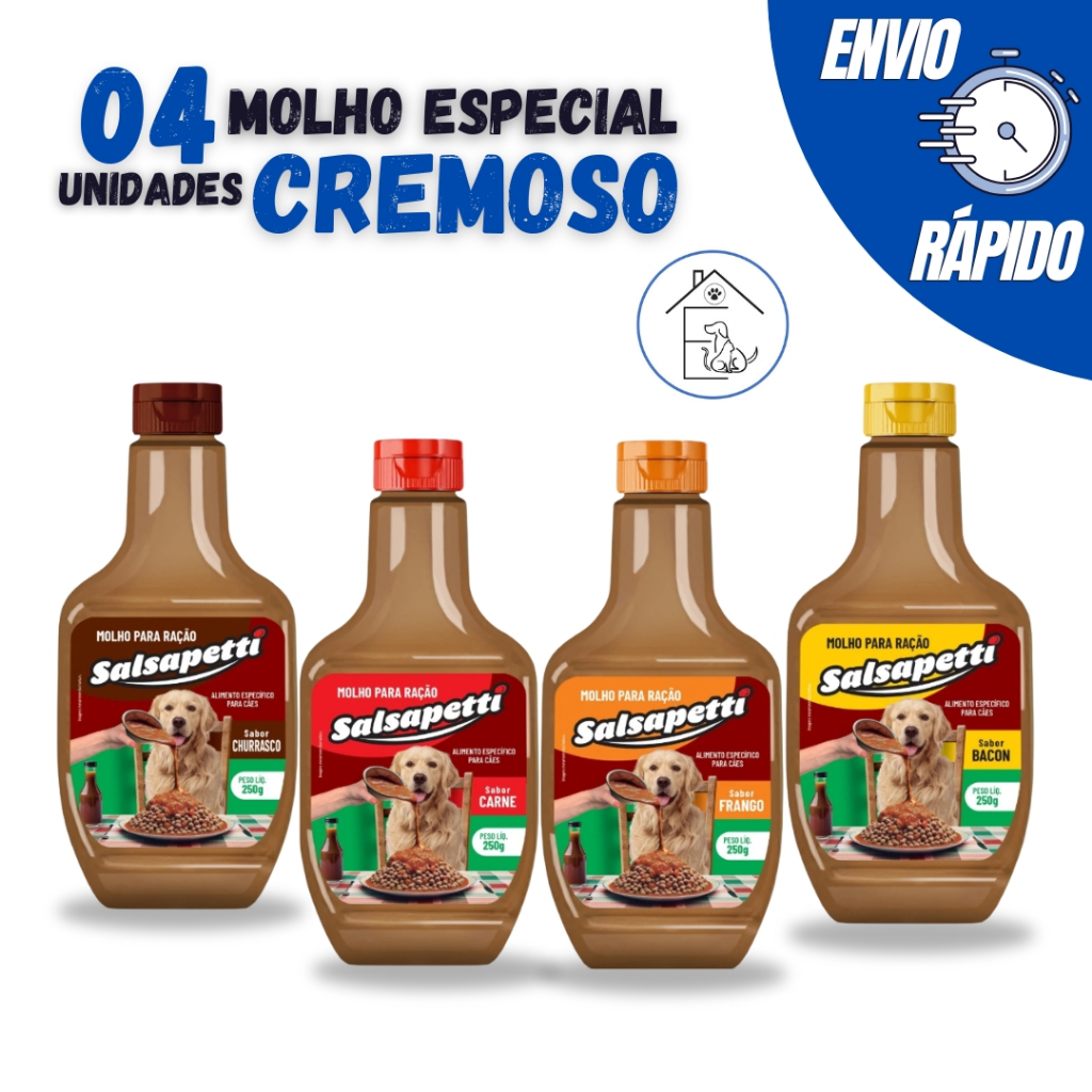 KIT 4 UNIDADES MOLHO ESPECIAL PARA RAÇÃO CÃES SALSAPETTI CREMOSO 250G VÁRIOS SABORES