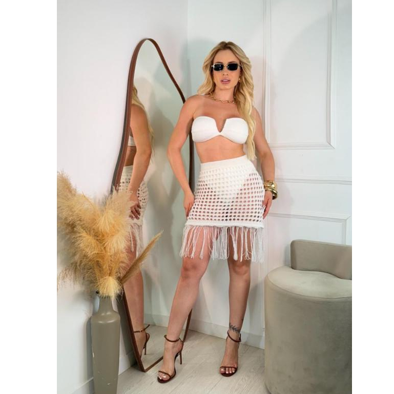 Saia Saída de Praia Crochê Tricot com Franjas Rendada Ajustavel na Cintura Moda Trico Verão em Oferta na Shopee