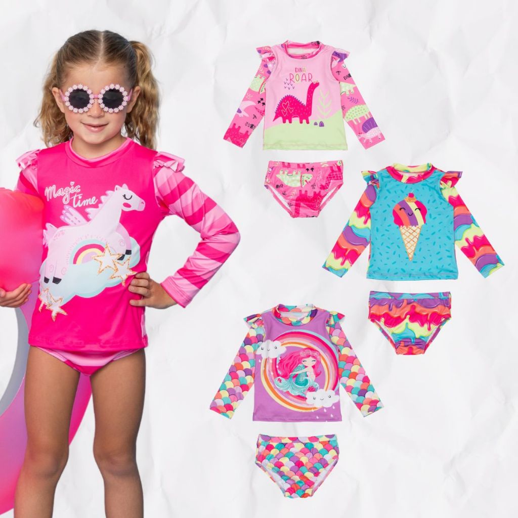 Conjunto Menina Babado Manga Proteção UV Solar Biquíni Praia Piscina