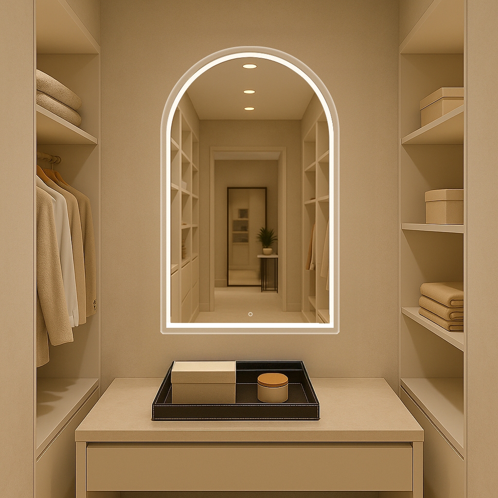 Espelho Oval Base Reta 100x50cm Jateado 3 Cores LED Touch Decorativo