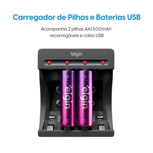 Carregador de Pilhas e Baterias USB com 2 Pilhas AA 1500mAh ELGIN