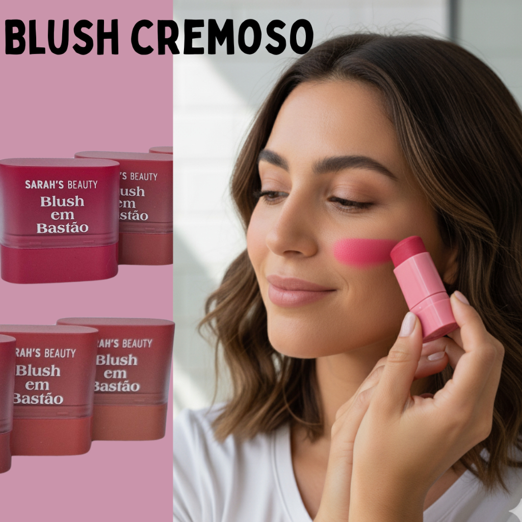 Blush Em Bastao Sarah's Beauty 3 em 1 Glow Coral Rosinha Maquiagem Viral Boca Stick 4 Tons
