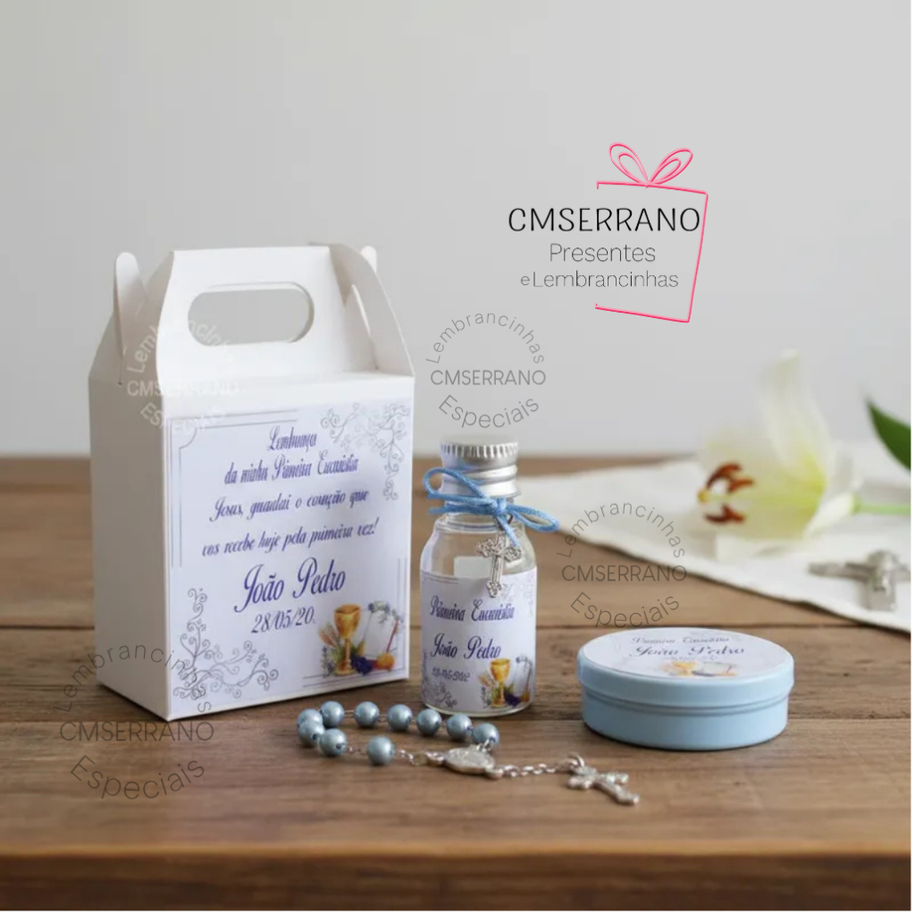 12 Kit Lembrancinha Batizado Com Mini Terço Primeira Comunhão Crisma Eucaristia Tercinho Garrafinha