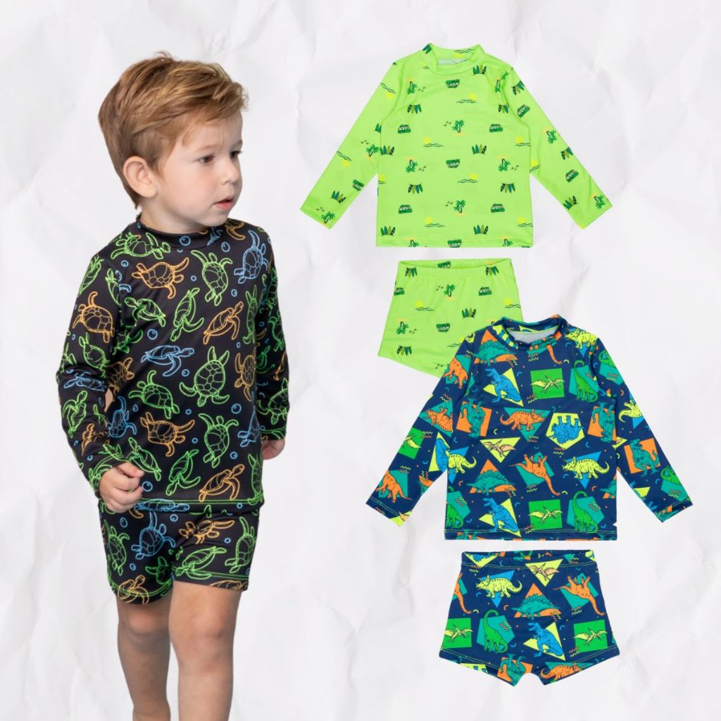 Conjunto Blusa Manga Longa + Sunga Praia Menino Proteção Solar Uv Infantil