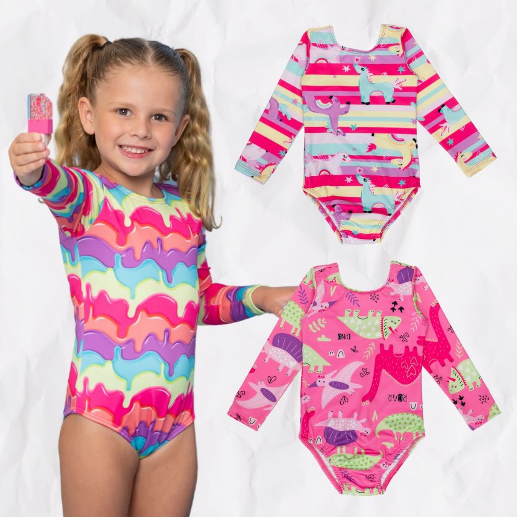 Maiô Menina Forrado Manga Longa Proteção Solar Uv Natação Praia Infantil