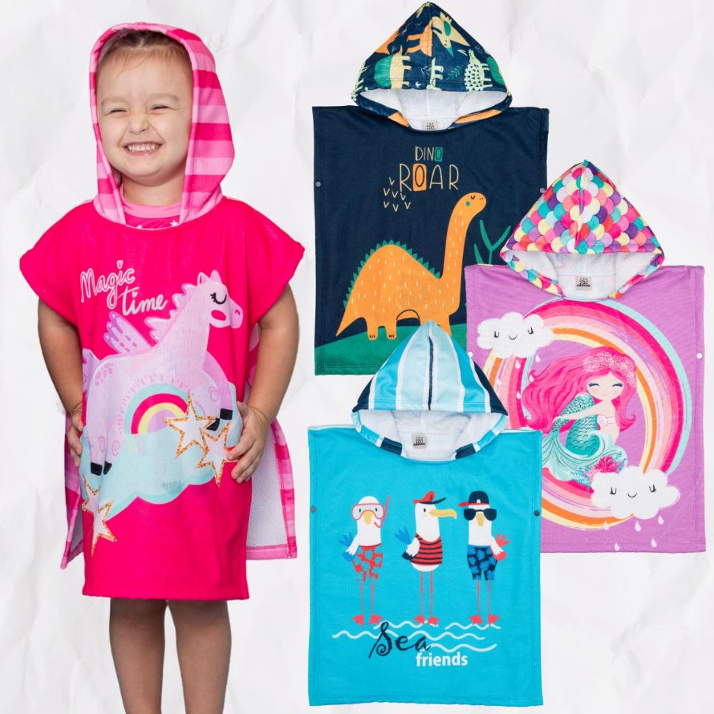 Roupão Poncho Toalha Praia Piscina Infantil com Capuz Natação Atoalhado Algodão