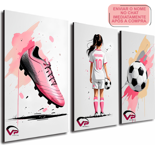 Quadros decorativos rosa futebol feminino criança menina chuteira nome personalizavel para quarto