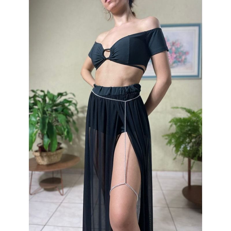 saia tule com fenda+ short micro hot pants + cinto corrente saia transparente — imagem 2 de 2