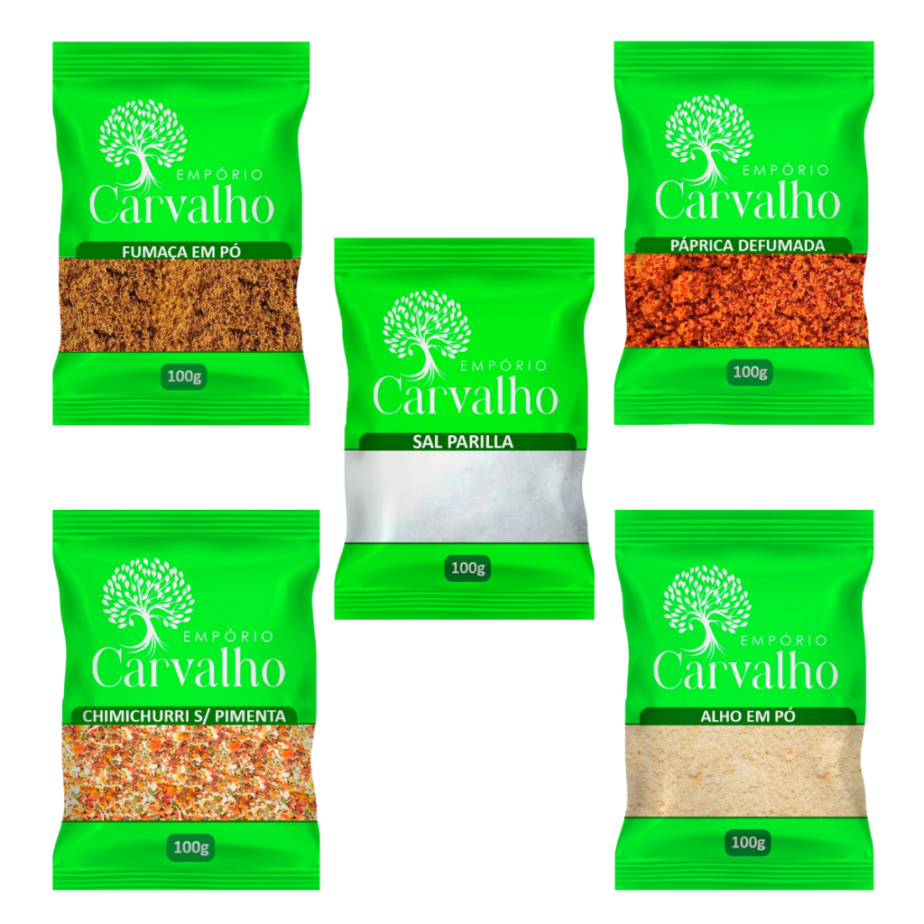 Kit 5 Temperos Churrasco 100% Naturais Sal Parrilla Páprica Chimichurri Fumaça Alho Envio Imediato