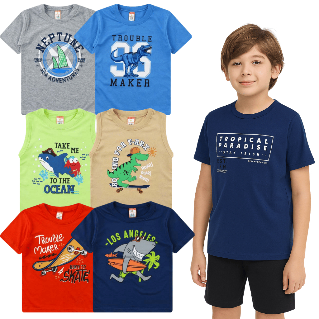 Kit com 2 Camisetas Infantis – Manga Curta e Regata | Tamanhos 1 ao 14 | Cores Sortidas