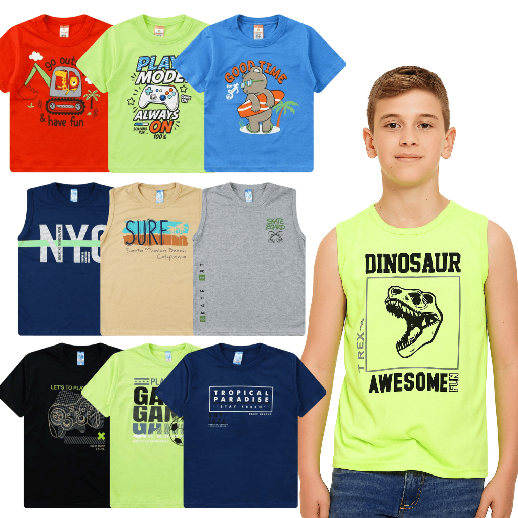 Kit com 3 Camisetas Infantis – Manga Curta e Regata | Tamanhos 1 ao 14 | Cores Sortidas