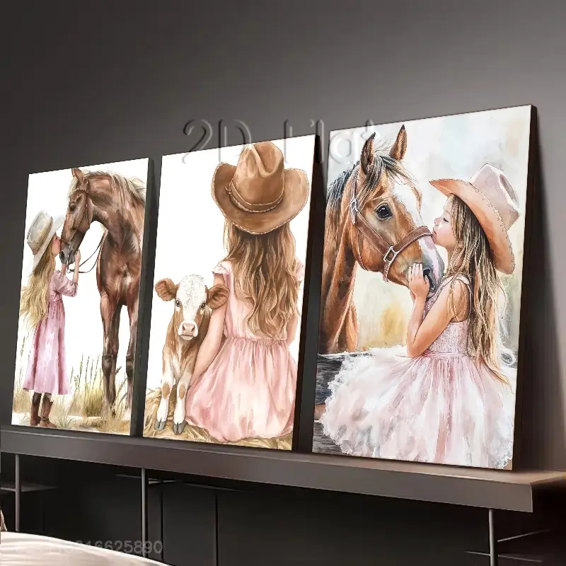 Quadro Country Menina e Cavalo – Arte Decorativa Aconchegante em 3 Peças em Oferta na Shopee