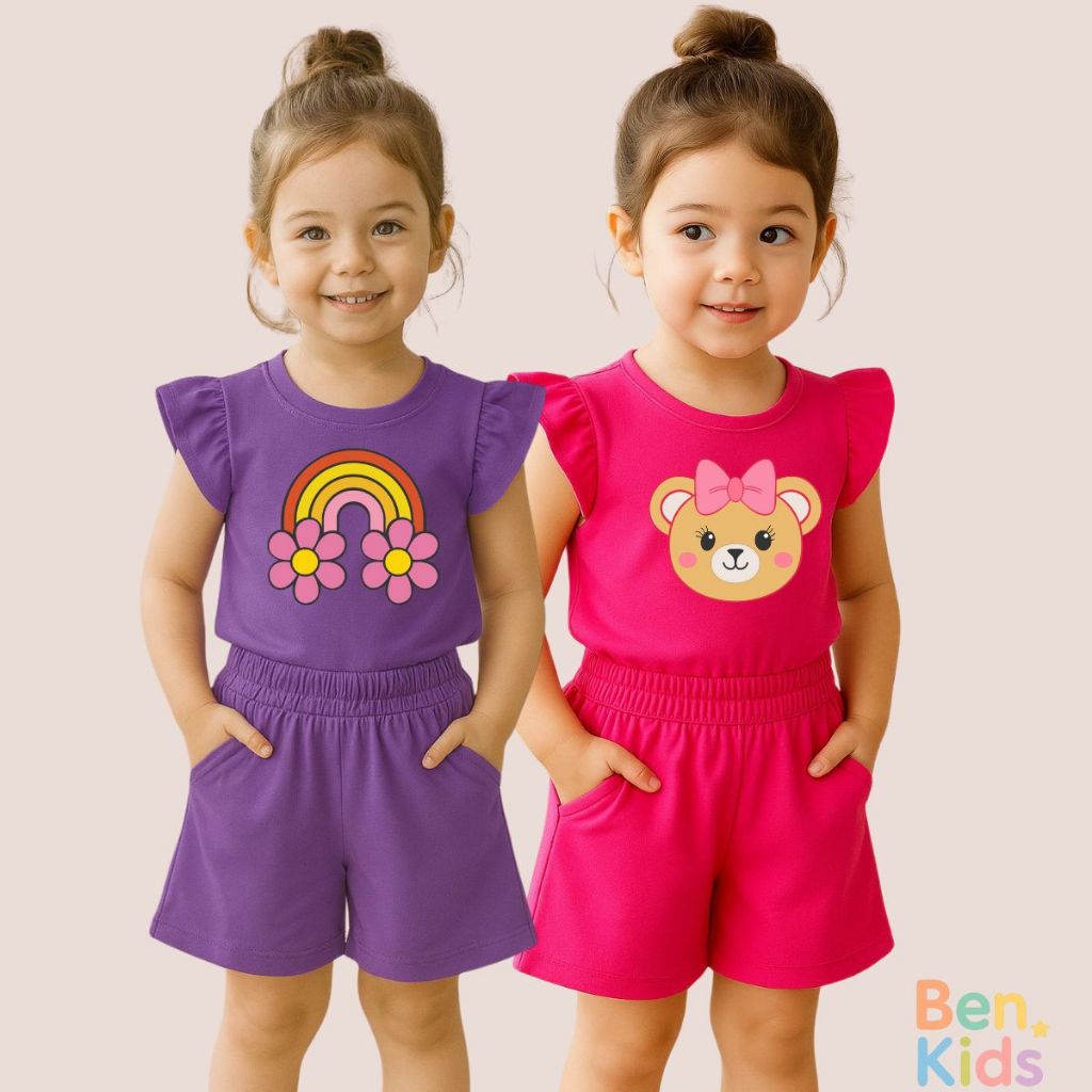 Kit 2 Conjunto Infantil Menina Algodão Estampado Short Bolso Elástico Cintura Conforto Casual Fofo em Oferta na Shopee