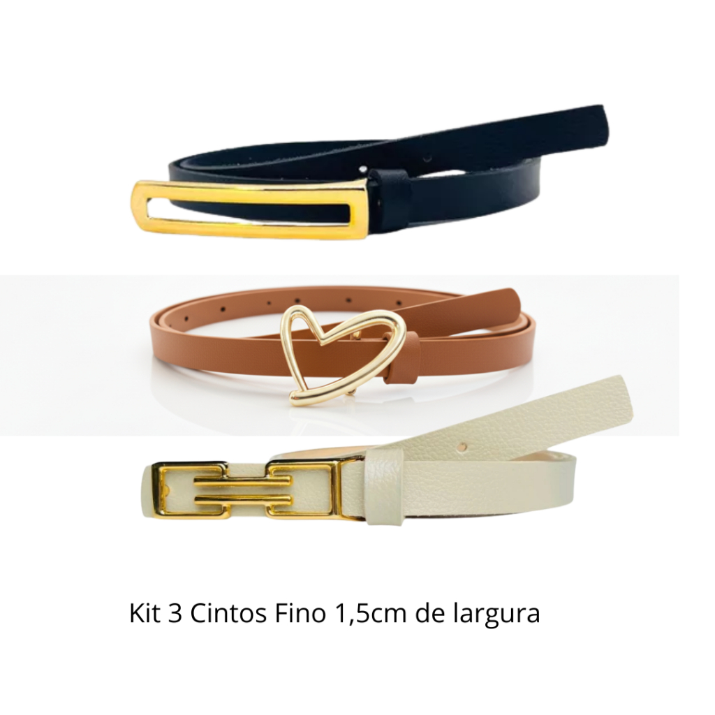 Kit 3 Cintos Fino Femininos Luxo Moda Elegante Alfaiataria Fivela Trocavél 1.5cm largura - Neusa