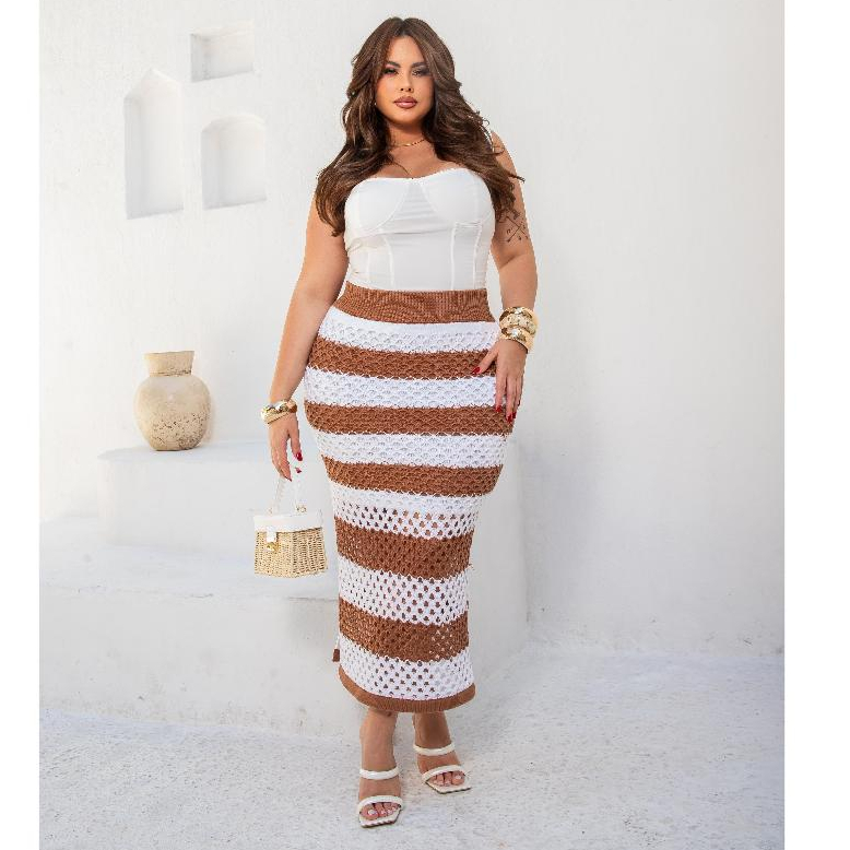 Saia Midi Plus Size Tecido Vazado em Tricô Modal Elegante Casual em Oferta na Shopee