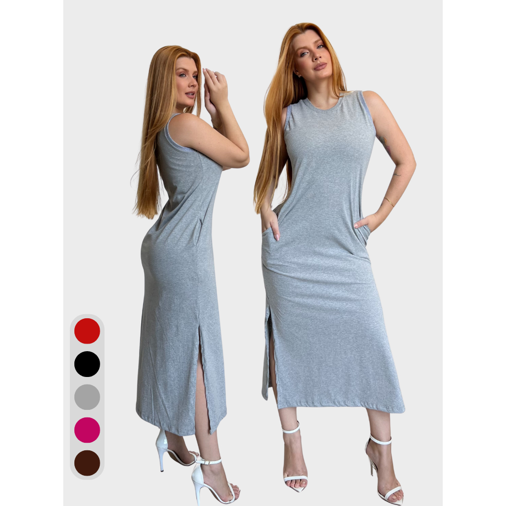 Vestido Feminino Longo Com Bolso Cavado Moda Blogueira Estilosa 100% Algodão