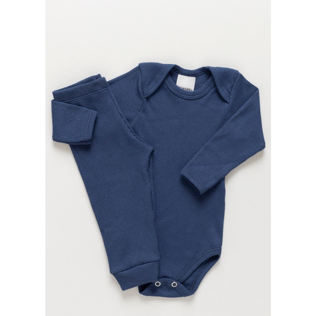 Conj Body e Calça Bebê Antialérgico Pagão Canelado Longo Azul Marinho 100% Algodão em Oferta na Shopee