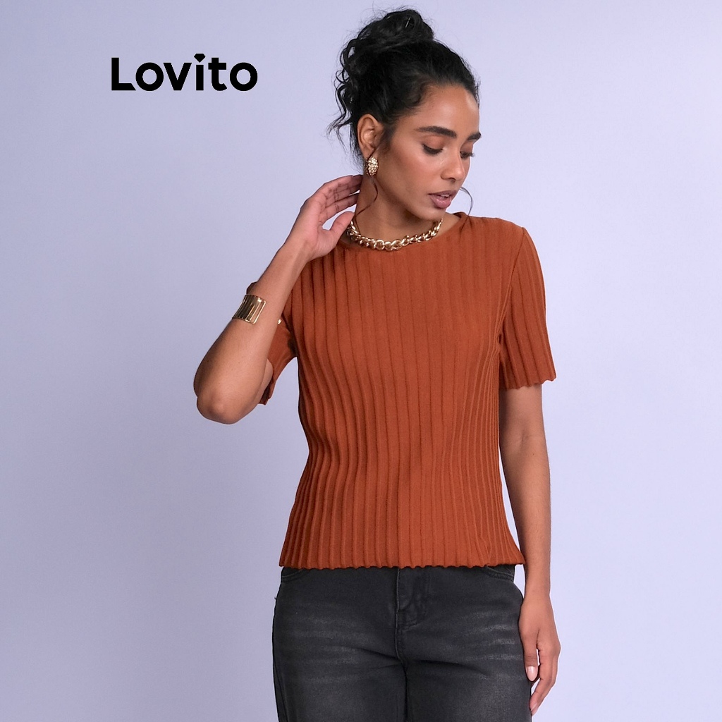 Lovito Top Casual Liso de Tricô para Mulheres LB1081BRL1111 em Oferta na Shopee