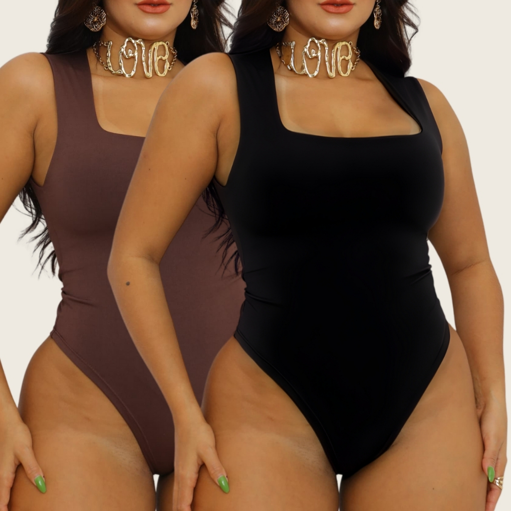 Kit 2 Body Collant Feminino Suplex Decote Quadrado Modelo Regata com Forro Duplo Estilo Blogueira