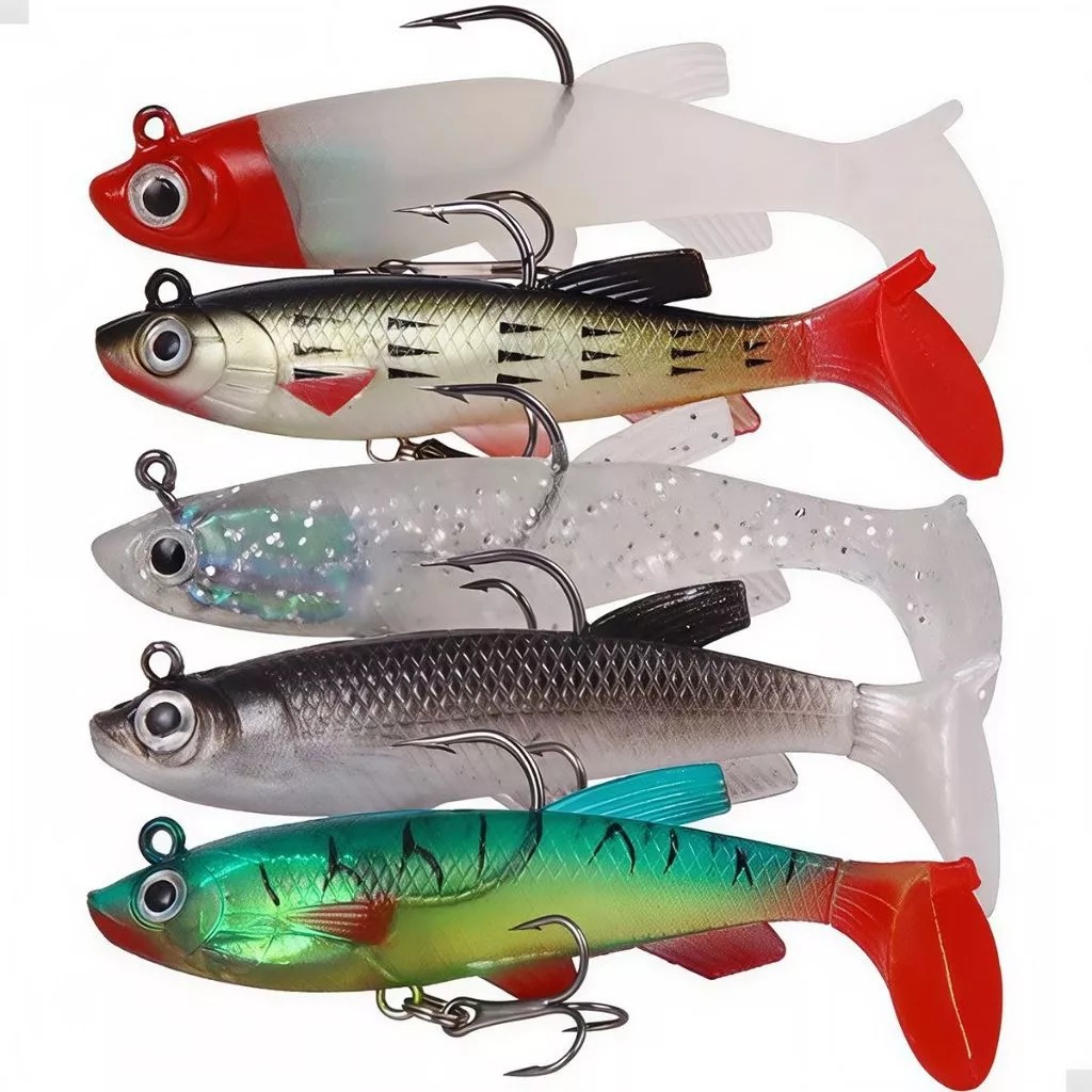 Kit 5 Isca Artificial Soft Bait Shad com Anzol Triplo – 8cm / 20g – Cores Sortidas