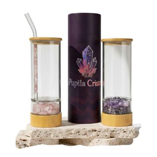 Copo com Cristais Naturais de Quartzo Rosa ou Ametista Com Canudo Garrafa em Oferta na Shopee