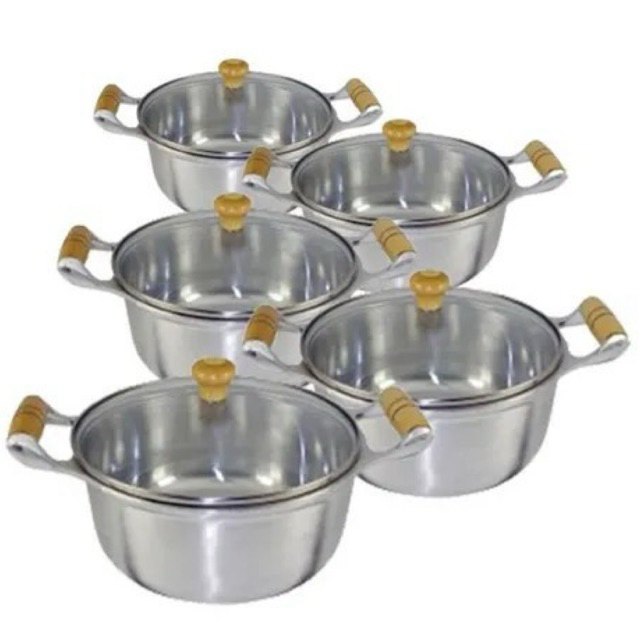 Jogo de Panela Cacarola Alumínio Batido Grosso Com Tampa De Vidro 5 pecas 16 a 24 cm Polida