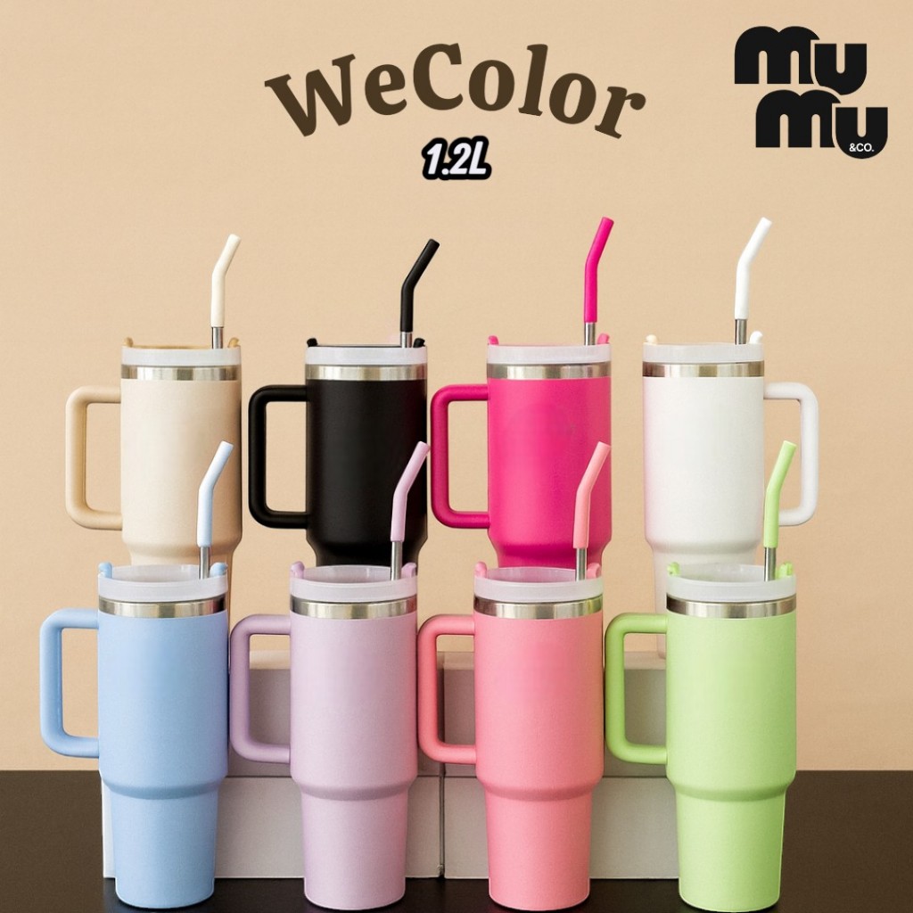 Copo Térmico Inox Portátil 1200ml/1.2L Canudo Inox com Alça nas Cores Pasteis Logo ST Bebida Gelada