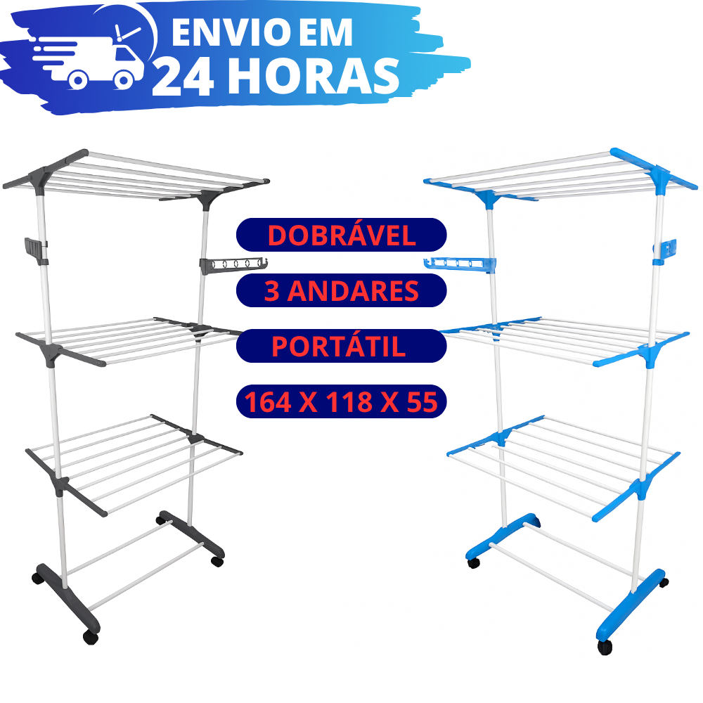 Varal Chão 3 Andares Roupa 4 Rodas Dobrável REFORÇADO Portátil