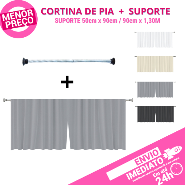 Kit 1 Cortina de Pia Bancada PVC Antimofo + 1 Suporte Varão Extensível 50cm a 1,30 Ajustável Cozinha