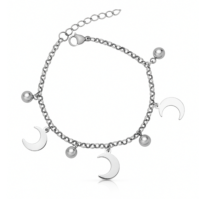 Pulseira Feminina Aço Inox com Pingentes Lua e Esferas – Ajustável, Resistente e Hipoalergênica em Oferta na Shopee