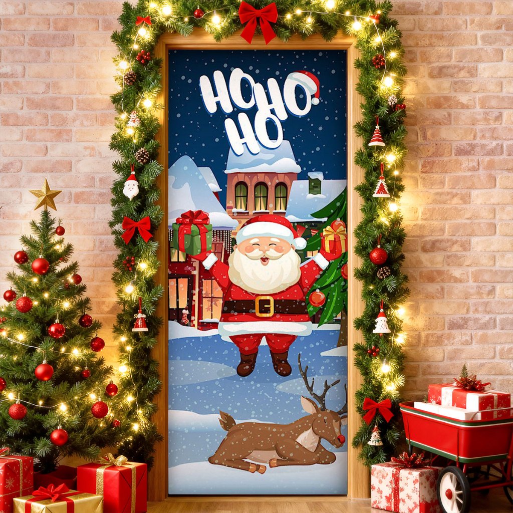 Capa de Porta Natal Em Tecido Sublimado Veste Porta Decoração Natalina para Casa C/Elástico 0,80x2,1 · foto 2