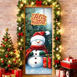 Painel Capa De De Porta Natal Boneco De Neve Sublimado Em Tecido Veste Fácil 0,80x2,10m