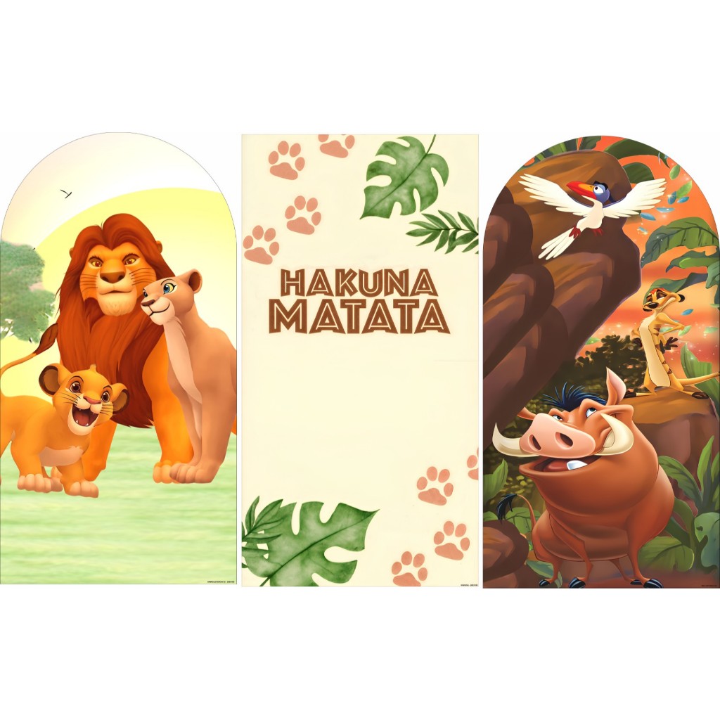 Painel de Festa Trio do Rei Leão Hakuna Matata - Romano e Vertical 2x1 Em Tecido Sublimado