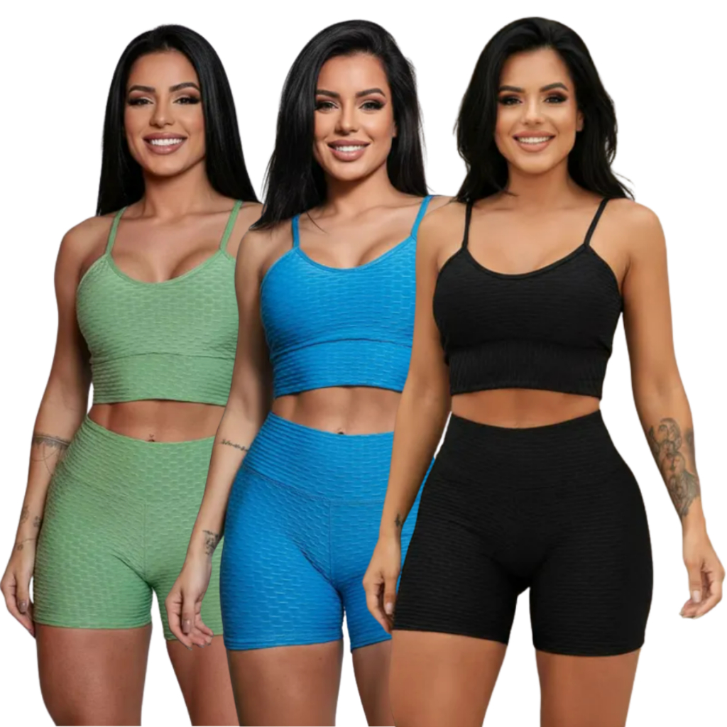Kit 3 Conjunto Fitness Tecido Bolha Academia Top C/bojo Removível E Short em Oferta na Shopee