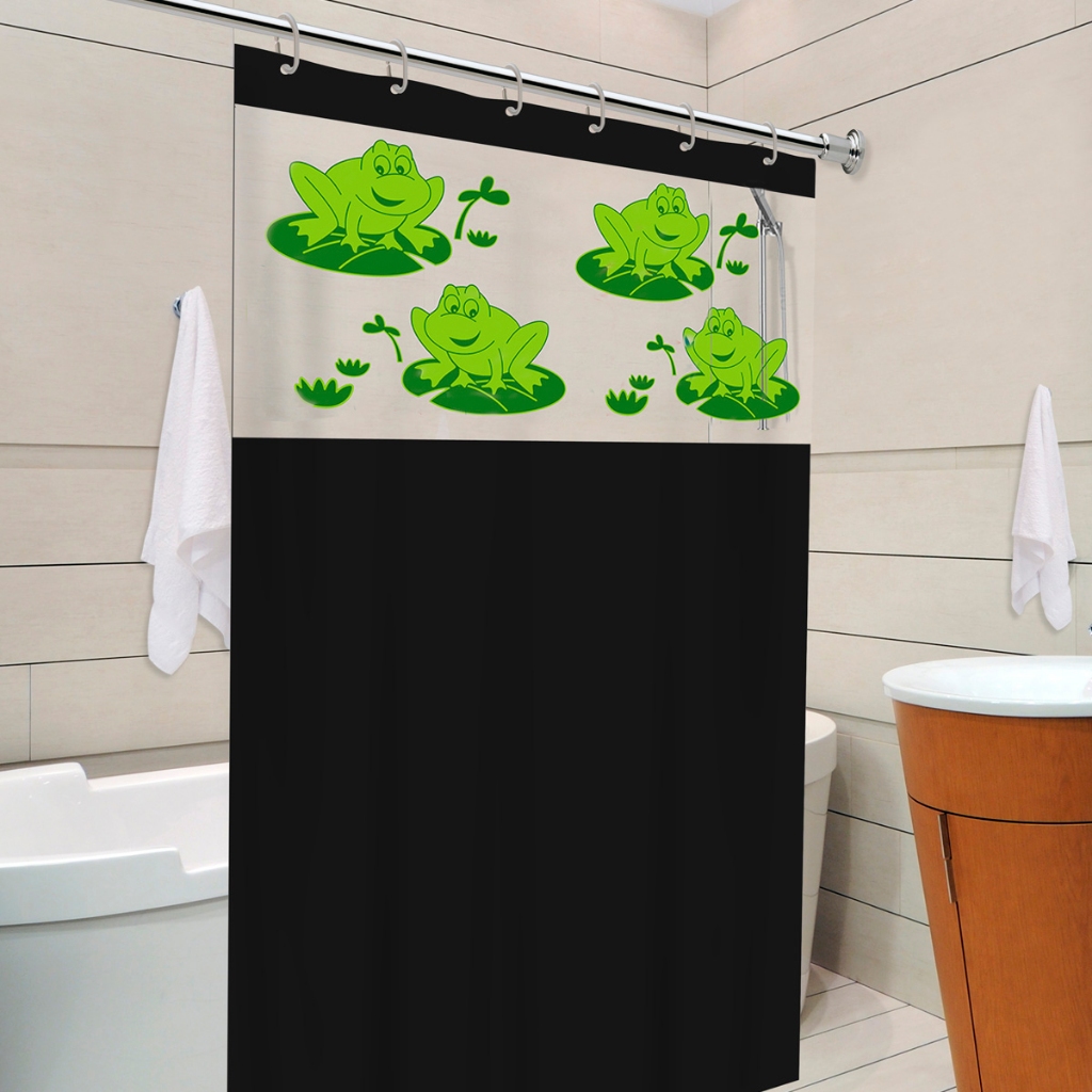 Cortina de Box com Visor para Banheiro Impermeável Antimofo com Ganchos em PVC - Estampa Sapos