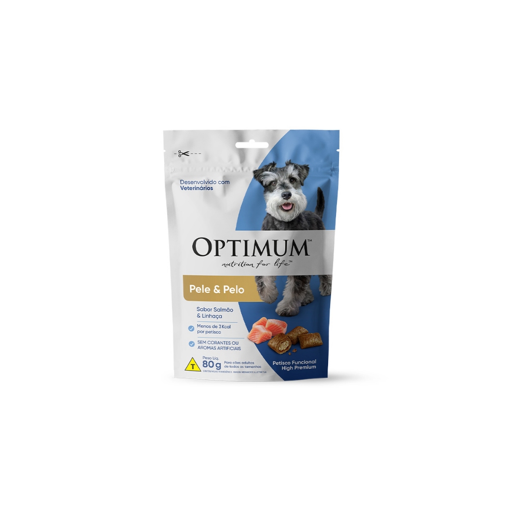 Petisco Optimum Cães Pele E Pelo Sachê 80gr Salmão E Linhaça