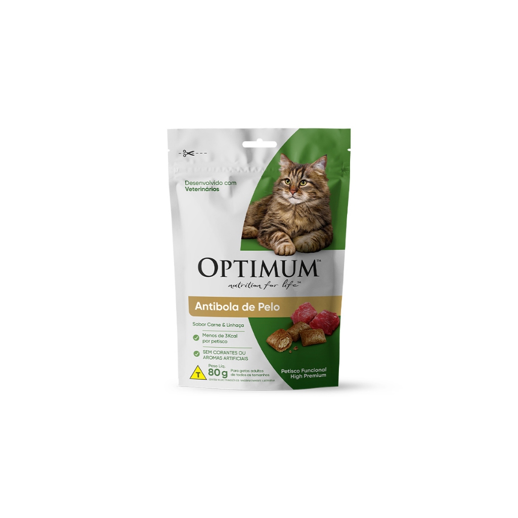 Petisco Optimum Gato Antibola Pelo 80g Carne E Linhaça Sachê em Oferta na Shopee