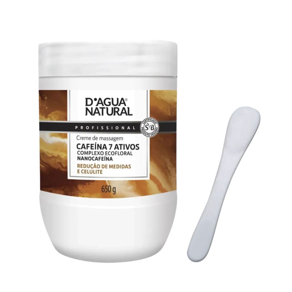 Creme de Massagem Cafeína 7 Ativos D'Agua Natural 650g e Espátula Acrílica