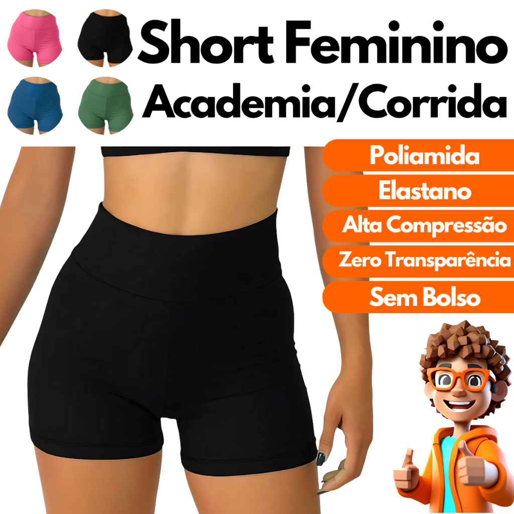 Short Feminino Corrida Academia Sem Bolso Zero Transparência Preto, Verde, Azul, Rosa