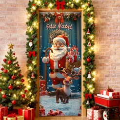 Capa de Porta Natal Papai Noel Em Tecido Veste Porta Decorativo Sublimado 0,80x2,10m - PTA-24