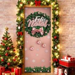 Capa de Porta Natal Rosa Guirlanda Em Tecido Painel Veste Porta Decorativo Sublimado 0,80x2,10m