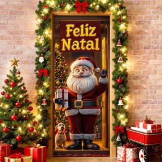 Capa de Porta Natalina Papai Noel Em Tecido Painel Veste Porta Decorativo Sublimado 0,80x2,10m - PTA-26