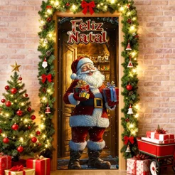 Capa de Porta Porta Feliz Natal Em Tecido Painel Veste Porta Decorativo Sublimado 0,80x2,10m
