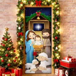 Capa de Porta Natal Sagrada Família Em Tecido Veste Porta Decorativo Sublimado 0,80x2,10m