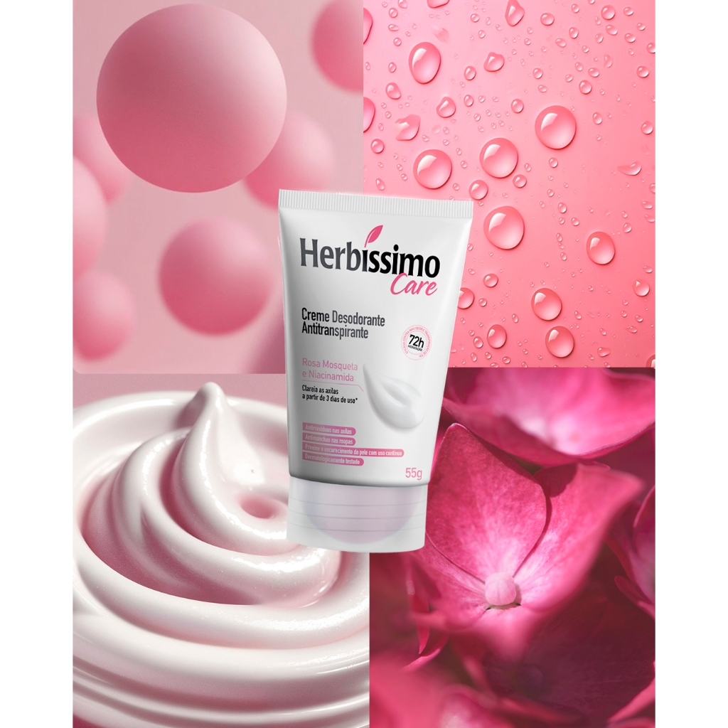 Desodorante Creme Antitranspirante Herbíssimo Bisnaga Rosa Mosqueta e Niacinamida 55g