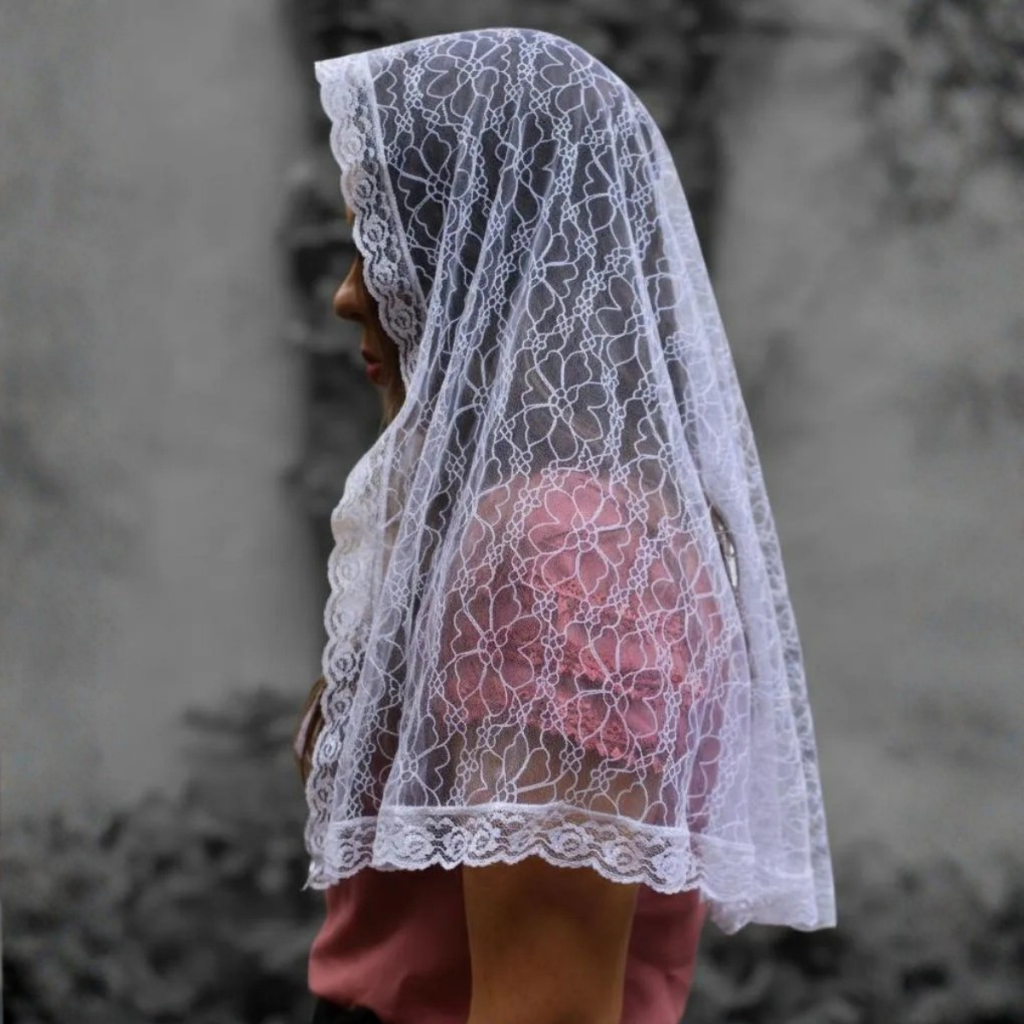 Véu Católico Feminino Renda Branca Oval Para Missa e Adoração
