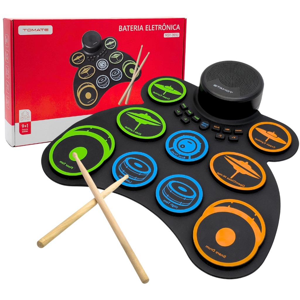 Bateria Eletrônica Portátil Roll Up 7 ou 9 Pads Infantil Recarregável USB MIDI Bluetooth